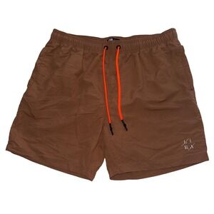 Lira Mens Swim Trunks Brown Orange Drawstring Board Shorts Large 6 Inch Inseam